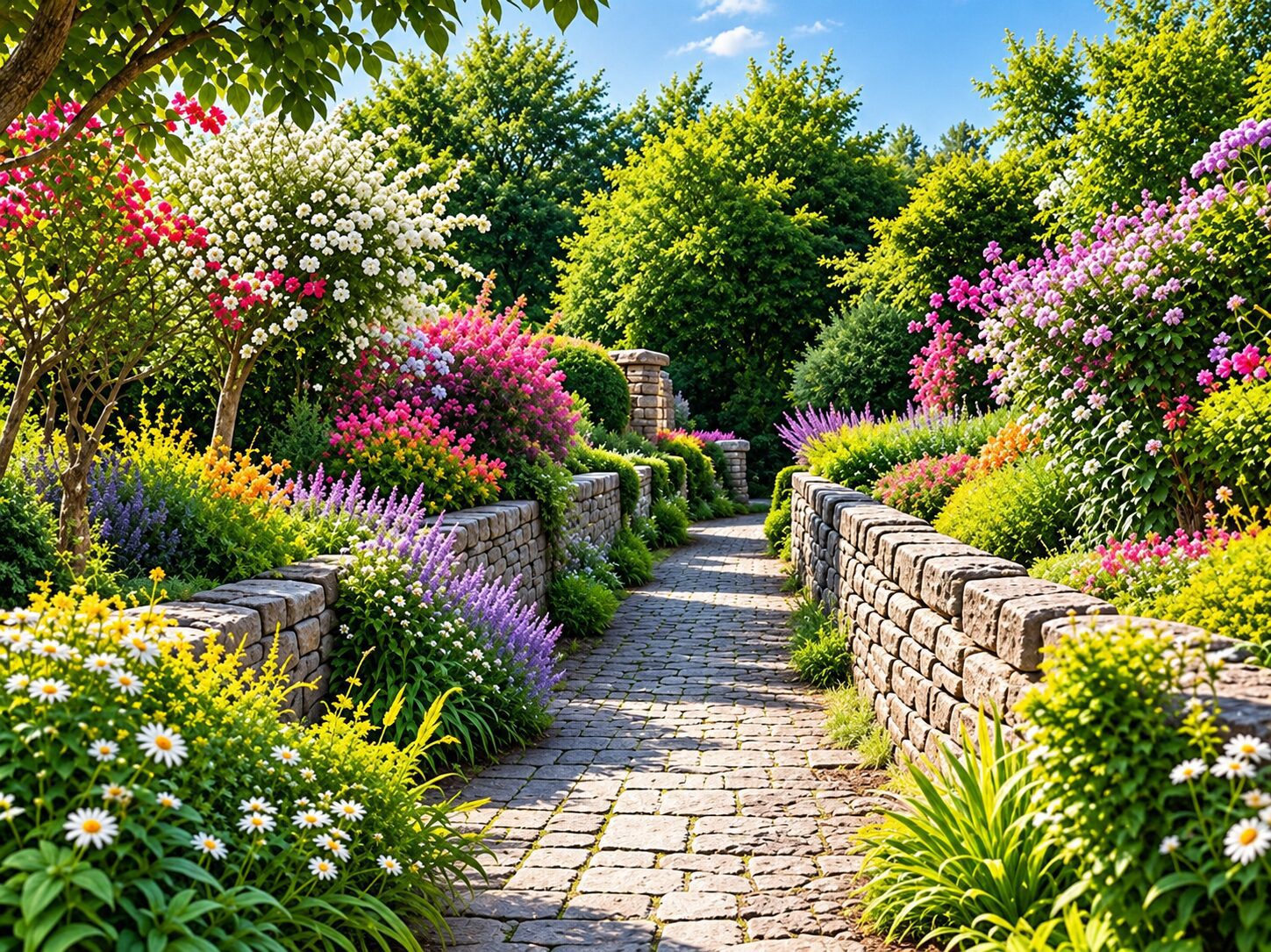 Lush garden pathway lined with vibrant flowers.