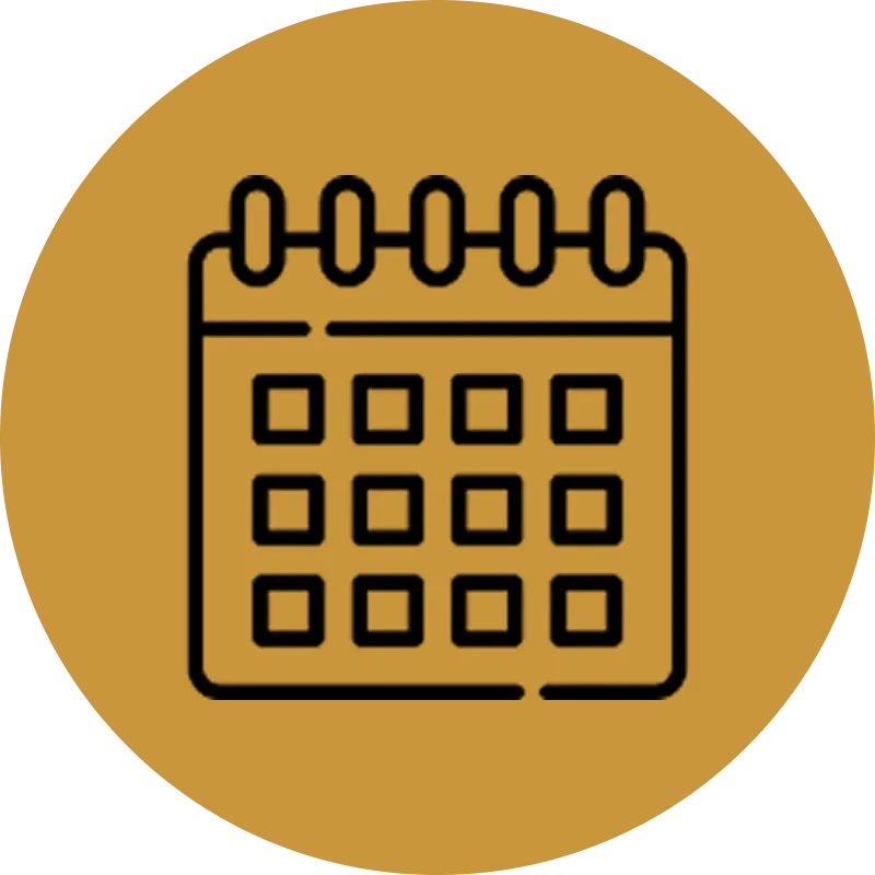 Calendar icon on a golden circular background.
