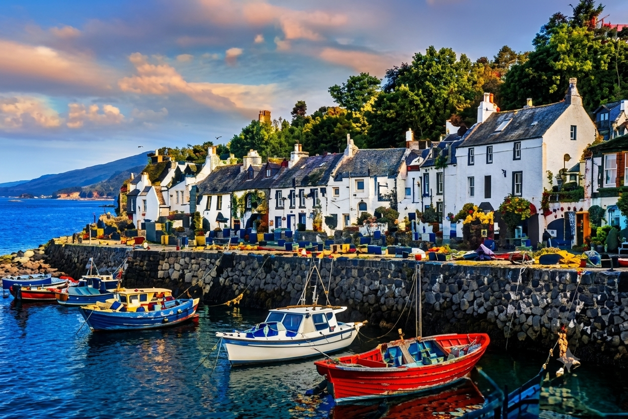 Coastal village with colorful boats and houses.