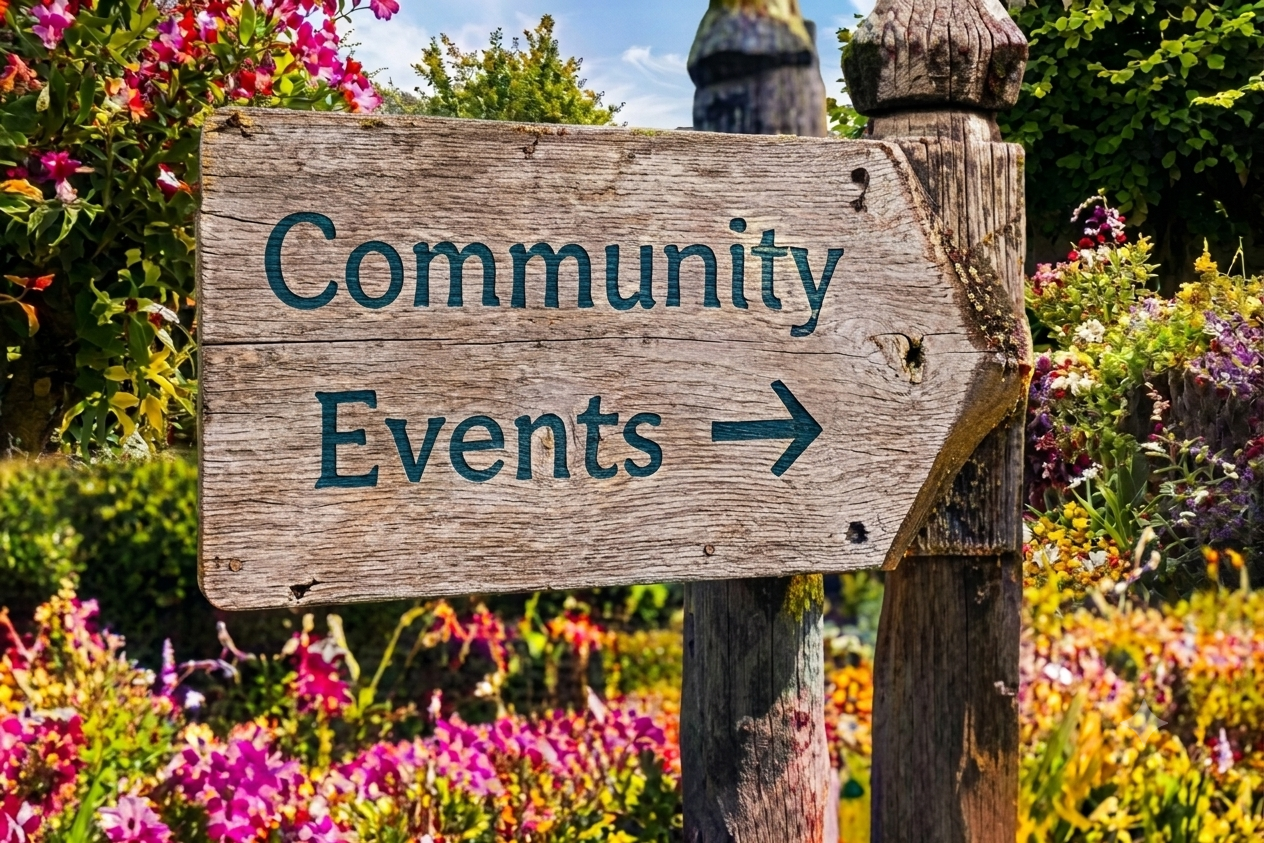 Wooden sign pointing to community events.