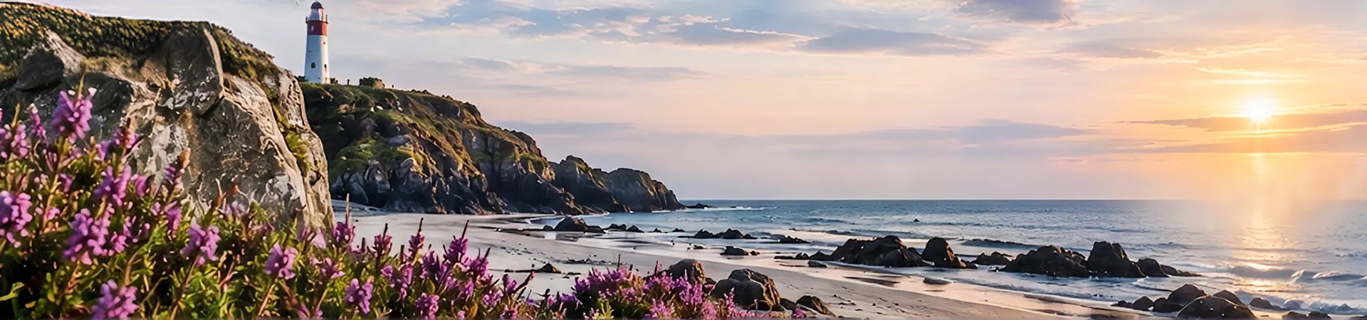 Coastal landscape with lighthouse and blooming flowers.