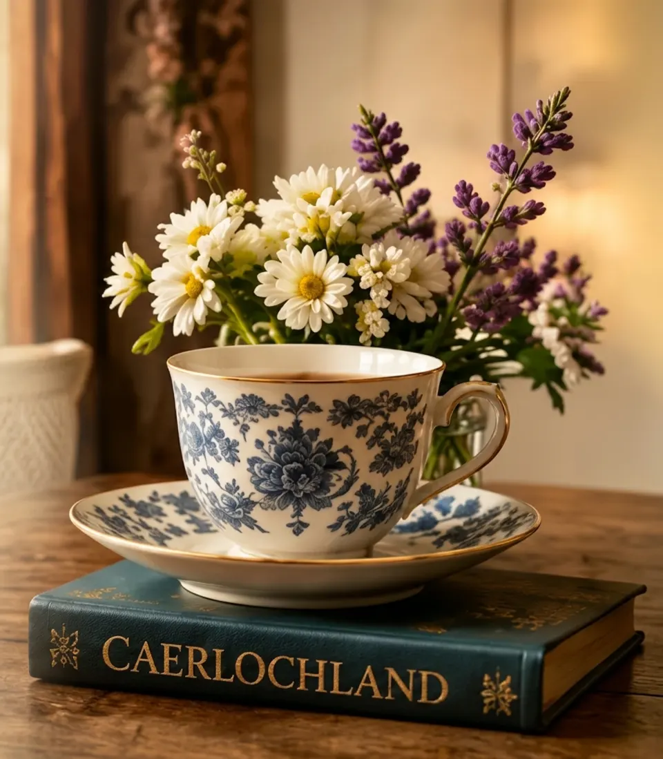 Tea cup and flowers on a decorative book.
