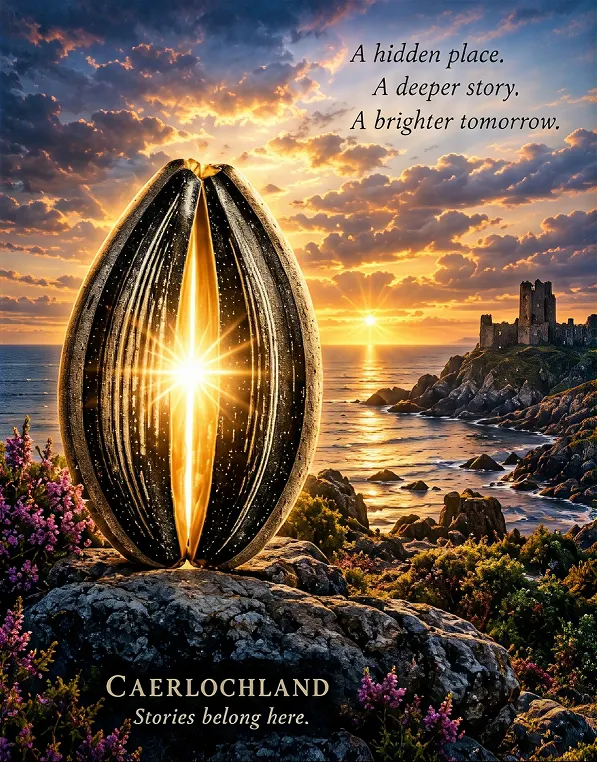 Sunset over rocky coastline with glowing sculpture.