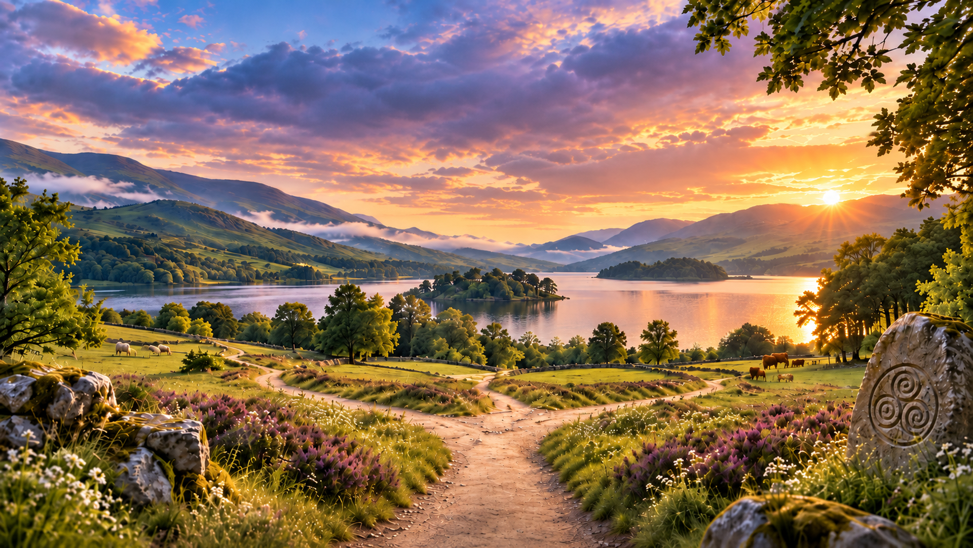 Tranquil sunset over a scenic lake landscape.