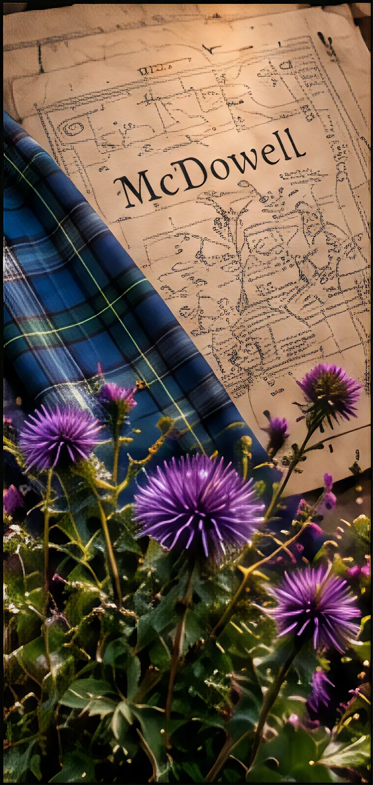 Historic map with purple flowers and tartan.