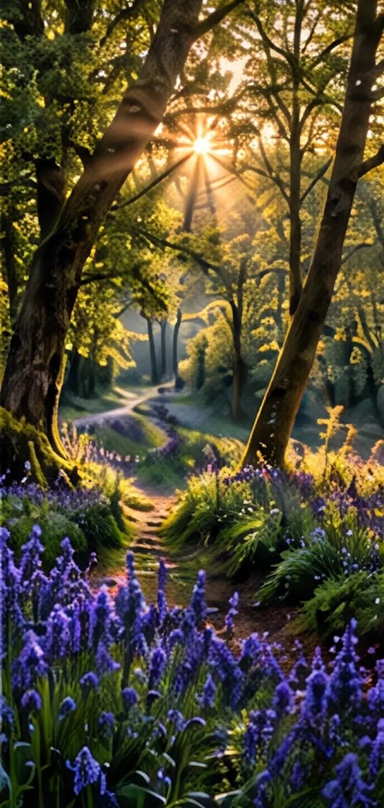 Sunlight filtering through trees along a path.