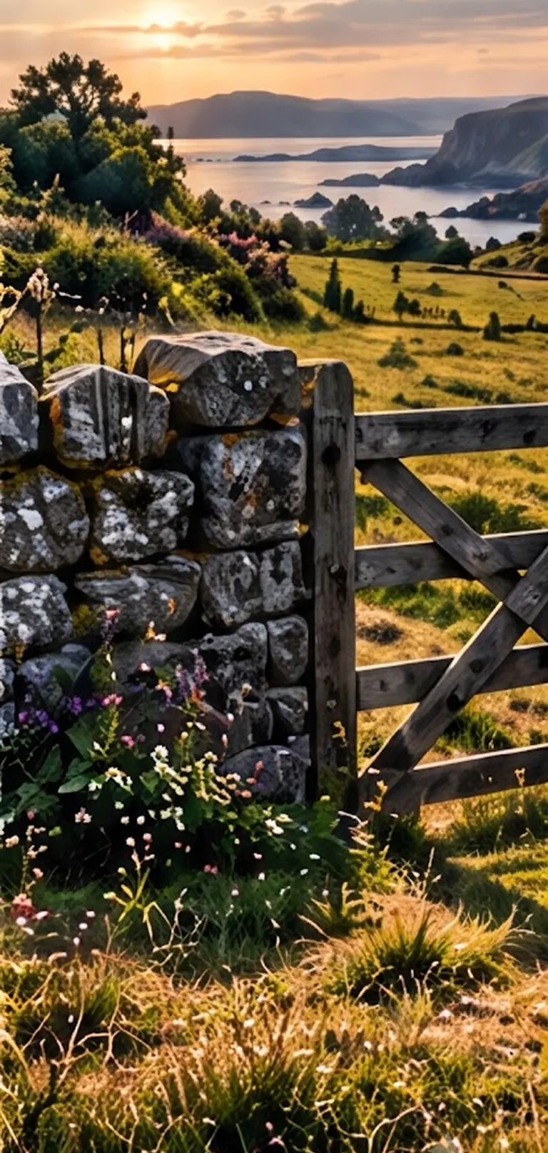 Scenic sunset view with flowers and gate.