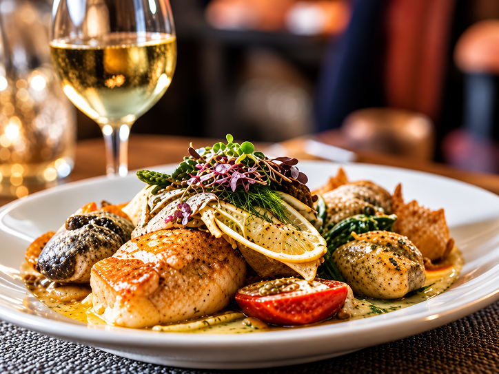 Gourmet seafood dish with fresh herbs and lemon.