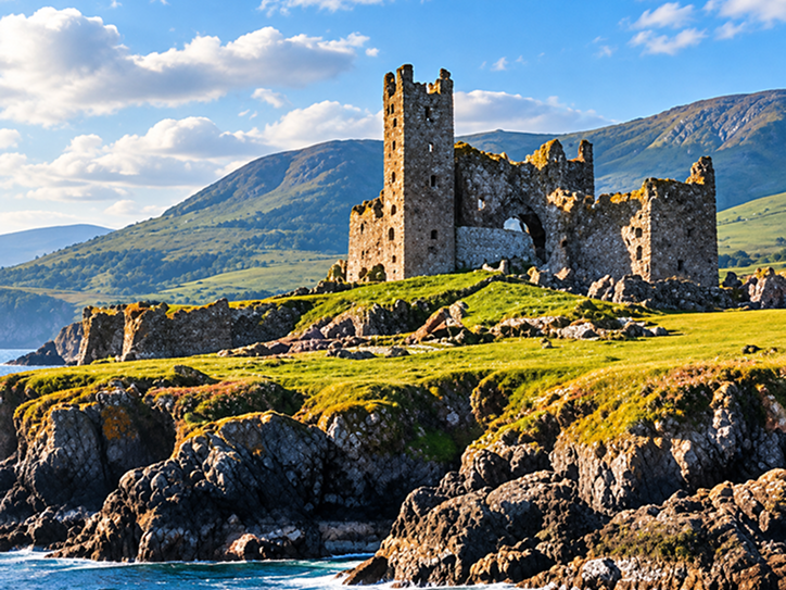 Ruins of a castle by the coastline.