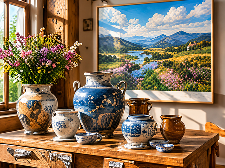 Vases and flowers on a wooden table.
